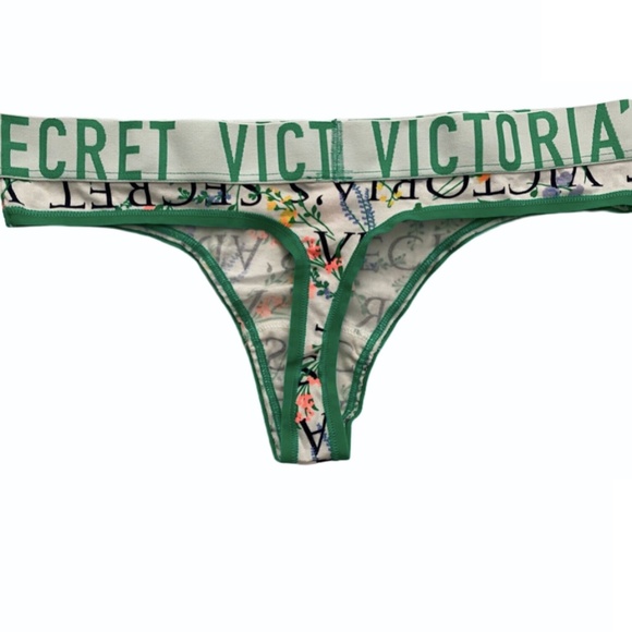 Victorias Secret Nwt Navy Green Floral Logo Band Cotton Blend Thong Panty S M - Picture 1 of 2